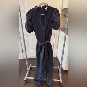 sundays Navy Puff-Sleeve Tie-Waist Midi Dress